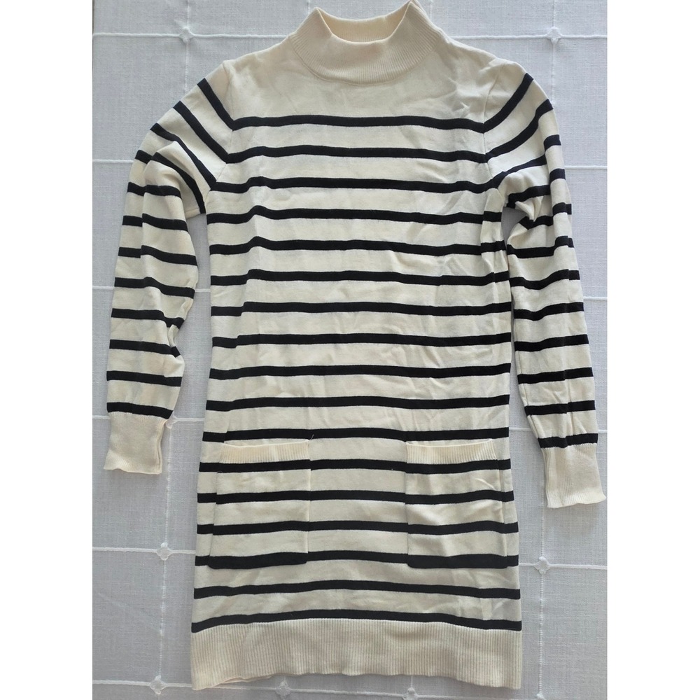 SHEIN Striped Mock Neck Sweater Dress Cream Black Long Sleeve Large Pocketed